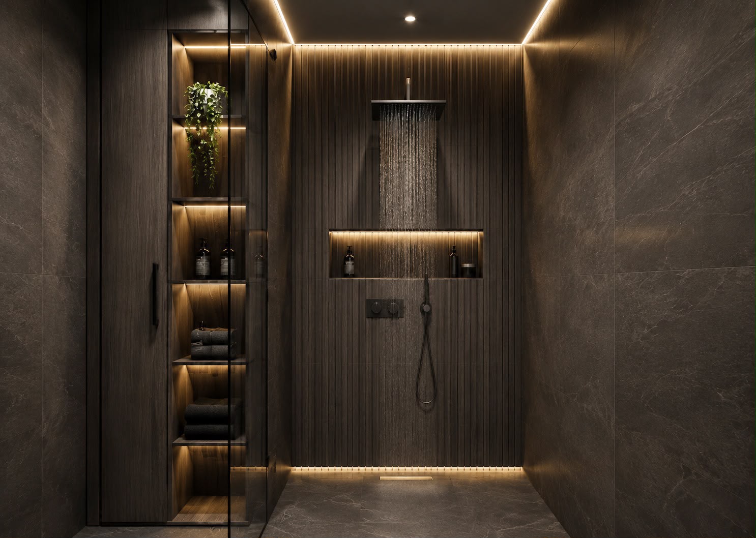Rain shower in dark stone