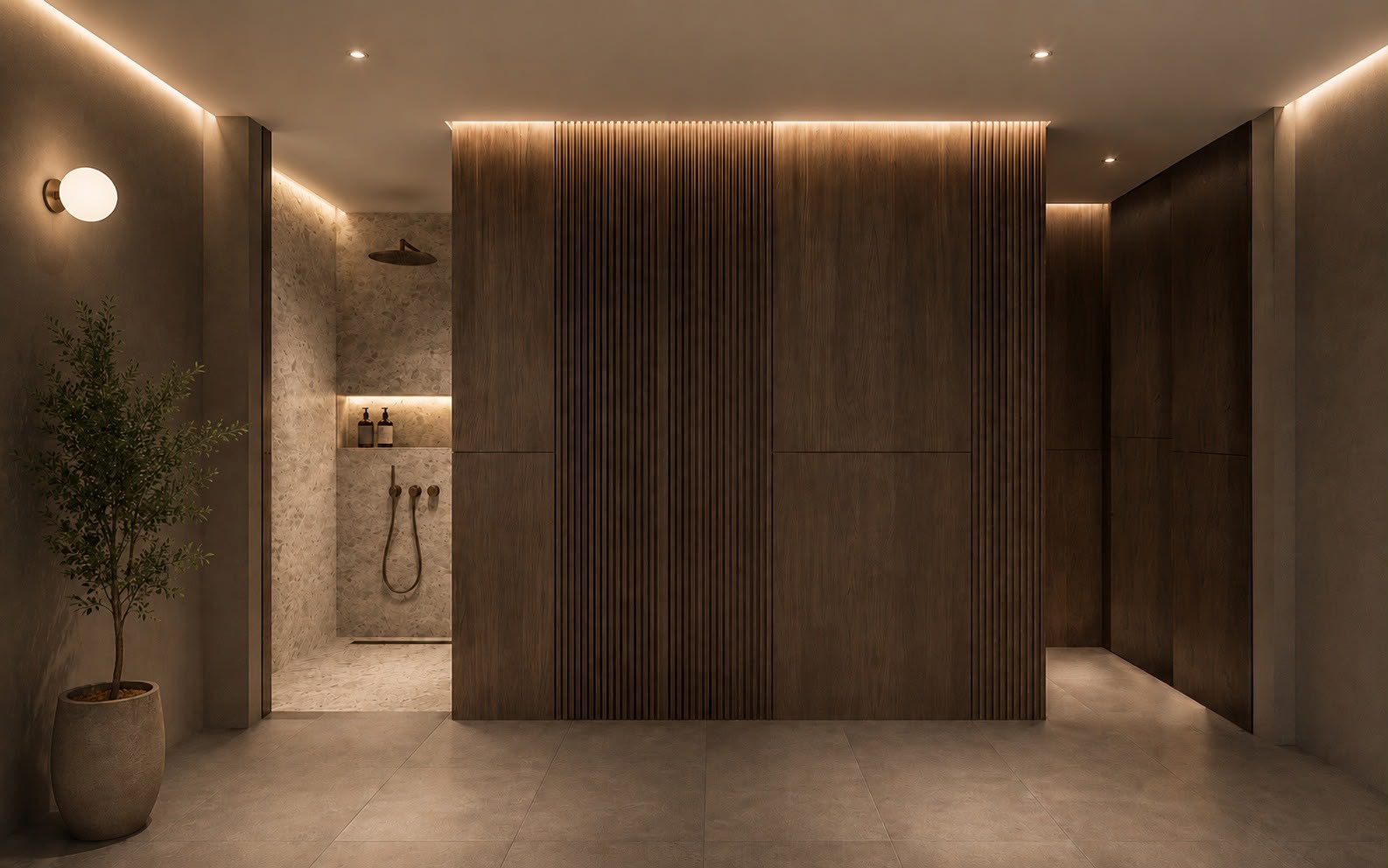 Walnut and stone corridor